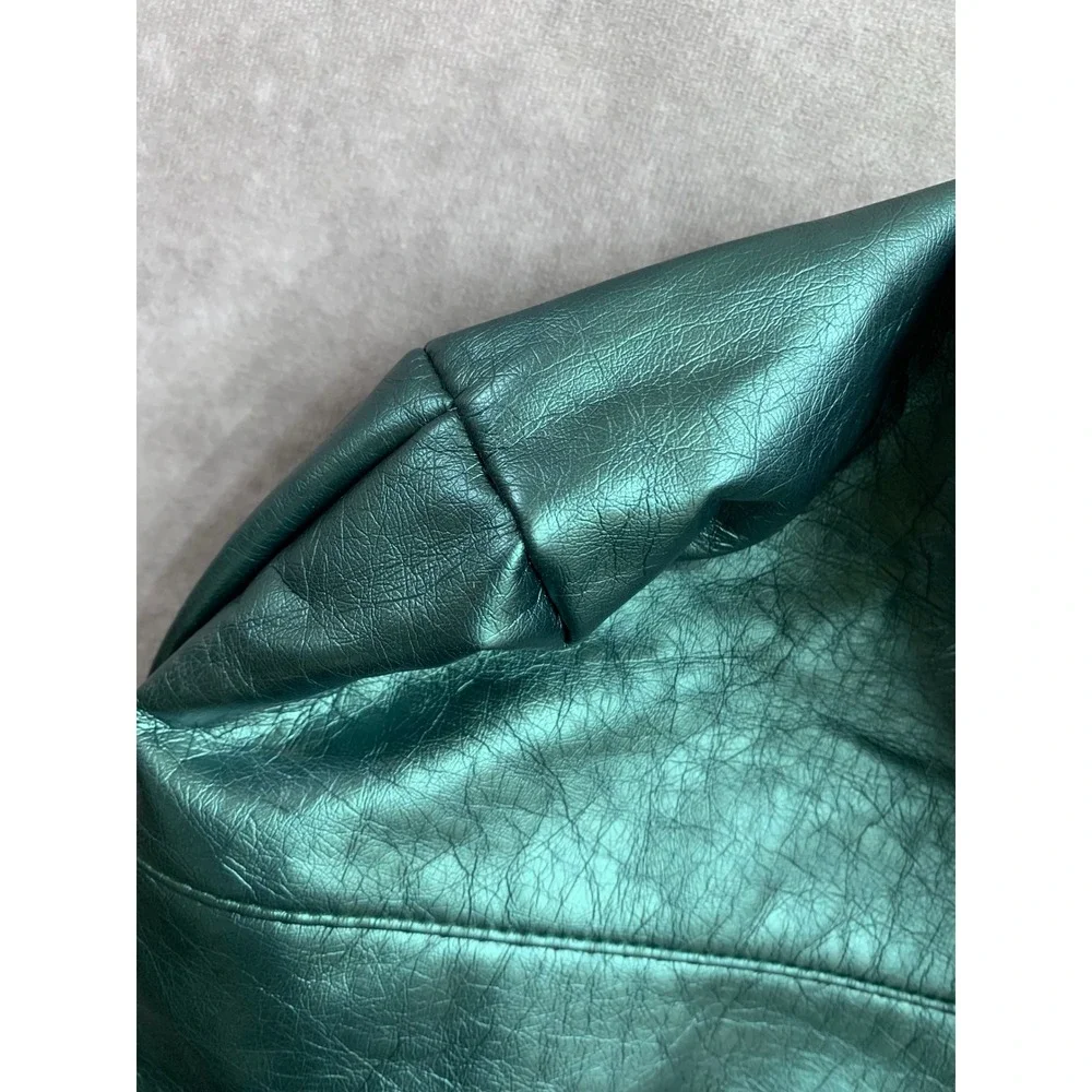 Saks Fifth Avenue Metallic Green Faux Leather Oversized Tote Bag Minimalist